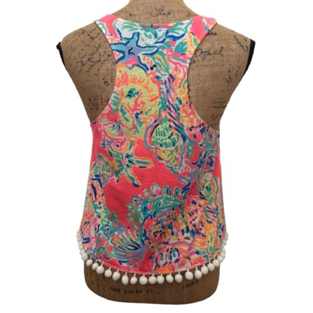 Lilly Pulitzer Shirley PomPom Tank Top Island Seacret Print Hot Pink Size XS - Picture 2 of 3